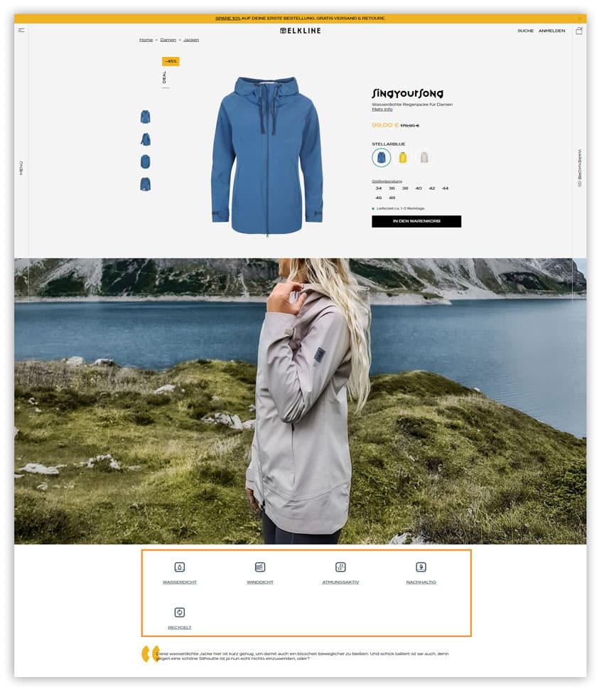 Das Bild zeigt Alleinstellungsmerkmale auf der Produktdetailseite im Online Shop von Elkline. Neben Schriftart und Bildsprache werden hier auch besondere Merkmale des Produkts kommuniziert.