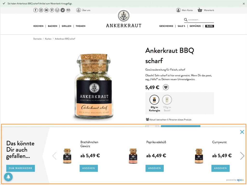 Das Bild zeigt ein Beispiel für Produktempfehlungen im E-Commerce. Dargestellt wird ein Warenkorblayer mit passenden Empfehlungen zum ausgewählten Produkt im Online Shop von Ankerkraut.