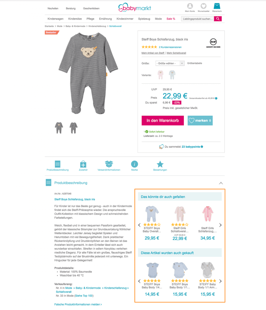 Das Bild zeigt eine Produktdetailseite im Online Shop von babymarkt.de mit passenden Empfehlungen zum ausgewählten Produkt.