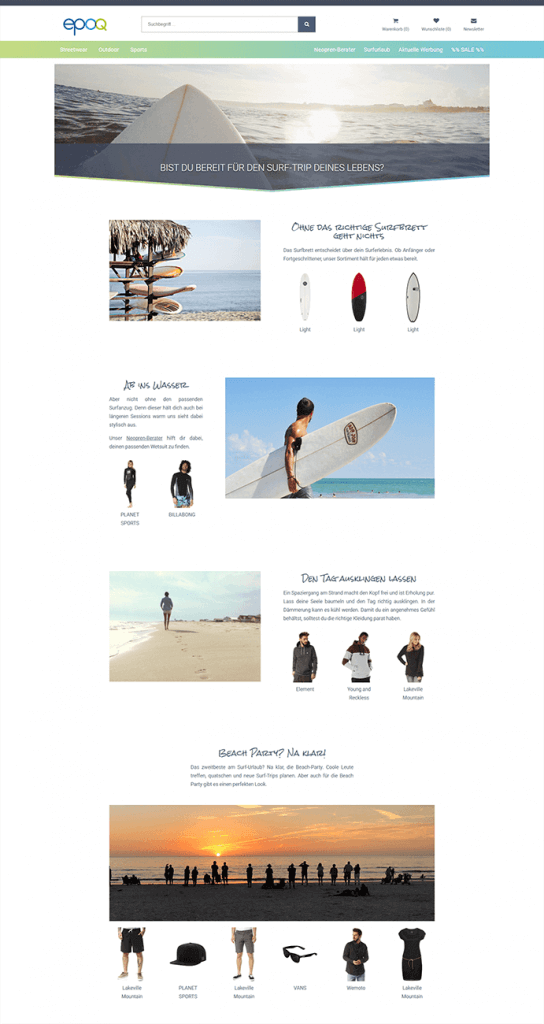Der Screenshot zeigt eine Content-Seite zum Thema Surf-Trip, auf der thematisch passende Produktempfehlungen angezeigt werden.