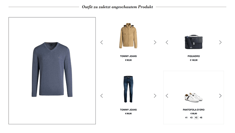 Der Screenshot zeigt ein Beispiel für Produktempfehlungen im E-Commerce. Dargestellt wird ein Produkt-Set im personalisierten Shoppingbereich bei OUTLETCITY METZINGEN.