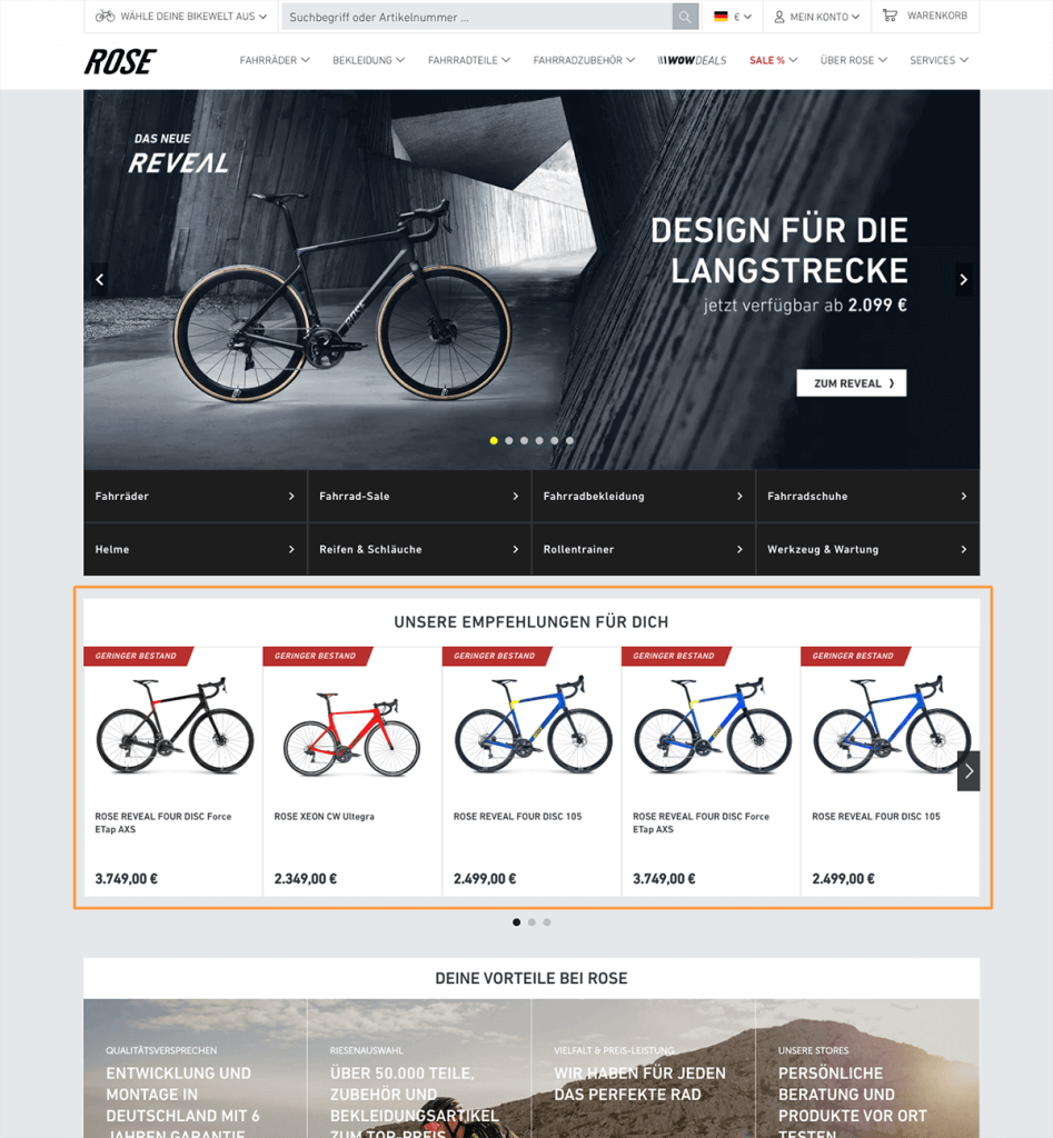 Das Bild zeigt die Startseite des Online Shops von ROSE Bikes mit relevanten Produktempfehlungen.