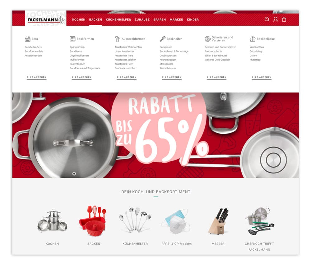 Navigationsmenü mit Produktkategorien im Online Shop von Fackelmann