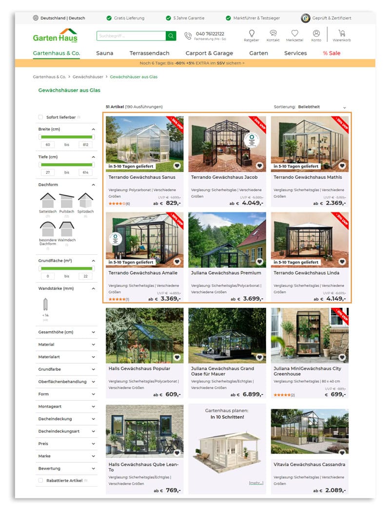 Gezeigt wird eine Produktübersichtsseite im Online Shop der GartenHaus GmbH, auf der die ersten sechs Ergebnisse personalisiert ausgespielt werden.