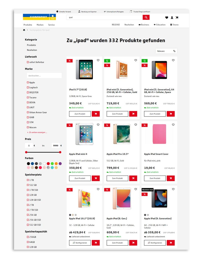 Beispiel für eine Suchergebnisseite zum Suchbegriff "ipad" im Online Shop von Comspot.