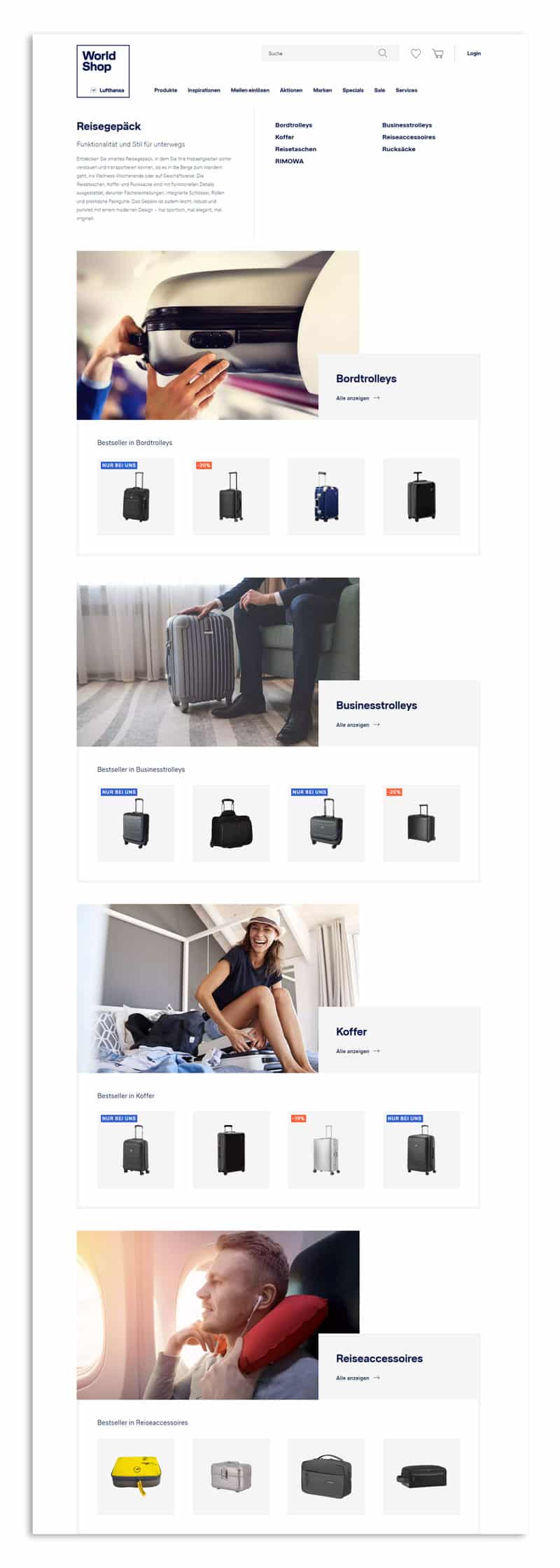 Der Screenshot zeigt eine Produktübersichtsseite im Lufthansa WorldShop, auf der verschiedene Unterkategorien präsentiert werden.