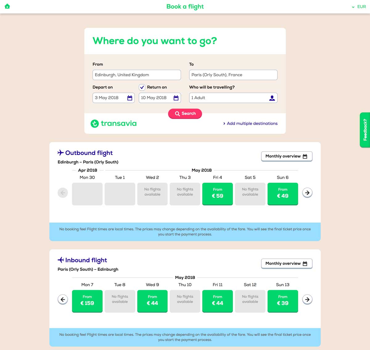 Sample page. Product Page example. Transavia booking Page. Single product Page example. Transavia PH-HXA Sunweb.