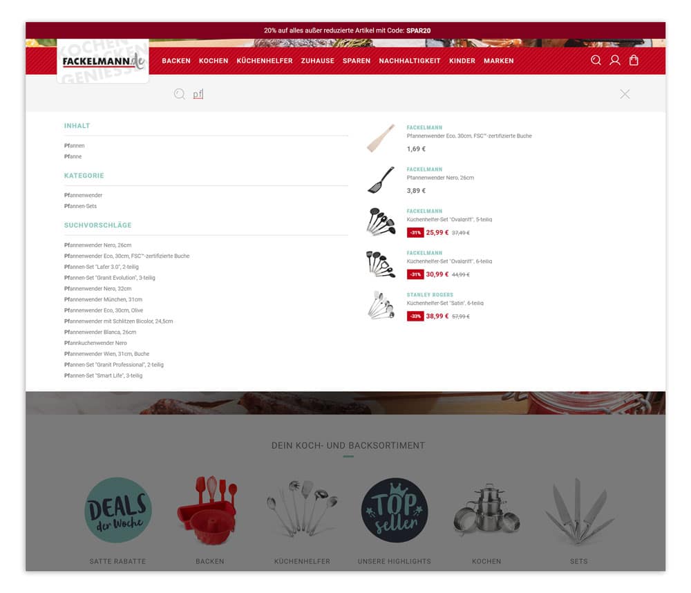 Screenshot der intelligenten Suche mit Typeahead im Online Shop von Fackelmann, die für eine gute Usability sorgt.