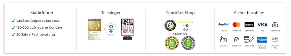 Dargestellt wird ein Screenshot aus dem Online Shop von A-Z Gartenhaus, auf dem verschiedene Trust Icons als Beispiel für Social Proof zu sehen sind.