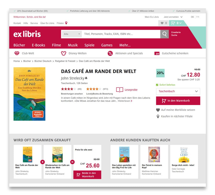 Dargestellt ist eine Produktdetailseite im Online Shop von Ex Libris mit Bundle-Empfehlungen, die den Warenkorbwert erhöhen können.